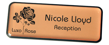 Prestige plastic name badges - Black border and matt rose gold background | www.namebadgesinternational.co.uk